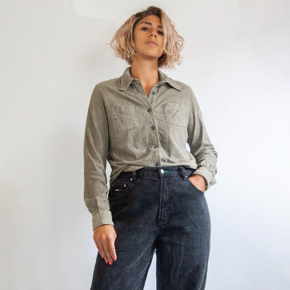 90s/y2k grey leather button down shirt 12 l large / soft leather shirt /long sle - Picture 1 of 5